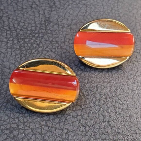 Signed Butler FAC Carnelian Clip on Earrings - Picture 3 of 10